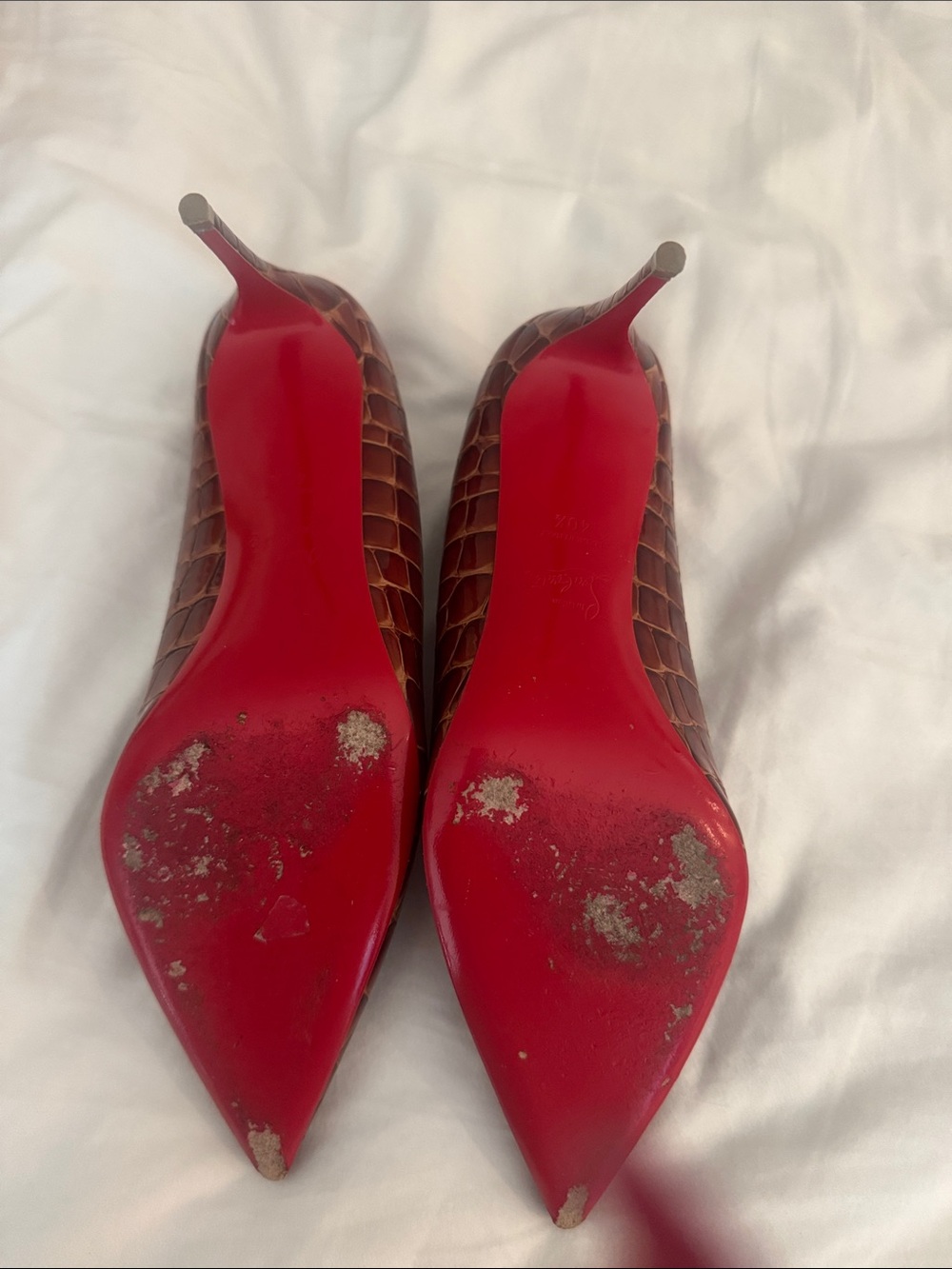 Christian Louboutin Brown Croc-Embossed Patent Leather Pumps - Picture 4 of 8